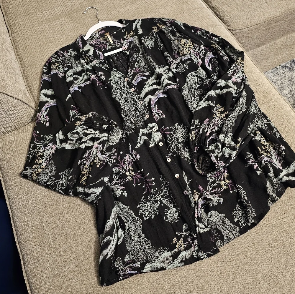 Free People Peacock Toile Floral Casual Button Boho Button Top Size XS - Picture 2 of 9
